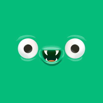 Vector funny green monster face with open mouth with fangs and eyes isolated on green background. Halloween cute and funky monster design template for poster, banner and tee print