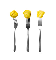Tortellini, Agnolotti, Cappelletti on Forks Isolated