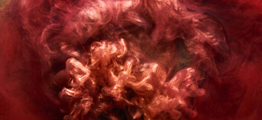 Red black sparkling abstract background, luxury golden smoke, acrylic paint underwater explosion, cosmic swirling ink