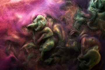 Multi colored sparkling abstract background, luxury dark gold smoke, acrylic paint underwater explosion, cosmic swirling ink