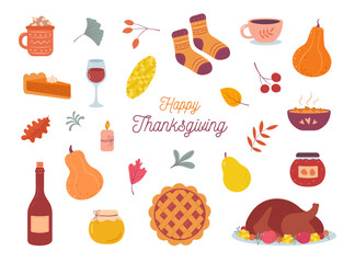 Thanksgiving day. Vector cozy set of autumn icons: turkey, falling leaves, pumpkin pie, candle, cocoa mug, pumpkins, cozy food. Scrapbook collection of fall season elements. Suitable for greeting card