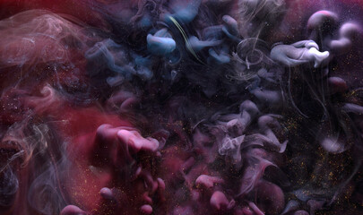 Multi colored sparkling abstract background, luxury dark gold smoke, acrylic paint underwater explosion, cosmic swirling ink