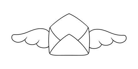 Monochrome image, Vintage romantic open envelope with wings, vector cartoon