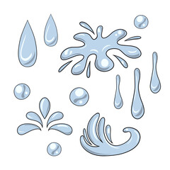 Collection of colored icons, various splashes, waves and water drops, vector cartoon