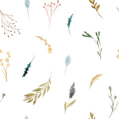 Seamless pattern of watercolor dried flowers, isolated on white background. Hand drawn painted flower illustration. Autumn design fashion fabric, textile, cover, wrapping paper product, blog, cloth
