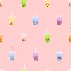 Vector seamless pattern with bubble milk tea. Print with an Asian pearl drink in a plastic cup with a straw. Bright design for wallpaper, wrapping paper, textiles.