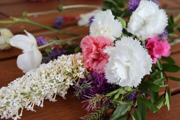 A bunch of pink, white and purple flower