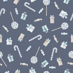 Christmas watercolor seamless pattern with hand drawn lollipops, sweets and gifts. Cute design for Christmas wrappings, textile and backgrounds