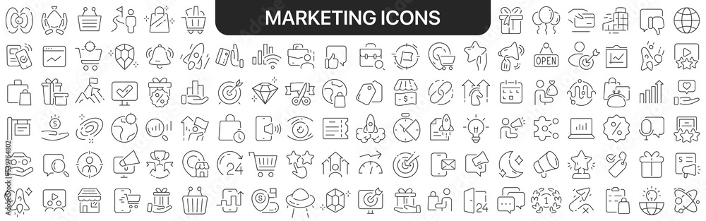 Poster marketing icons collection in black. icons big set for design. vector linear icons