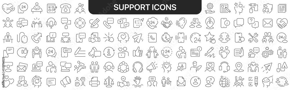 Poster support icons collection in black. icons big set for design. vector linear icons