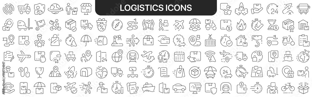 Poster logistics icons collection in black. icons big set for design. vector linear icons