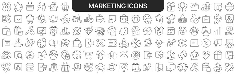 Marketing icons collection in black. Icons big set for design. Vector linear icons