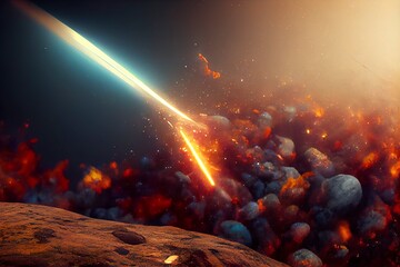 Fototapeta na wymiar Fired Asteroid In Collision With Planet - 3d Rendering. sci fi outer space background. 