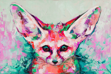 Oil fox portrait painting in multicolored tones. Conceptual abstract painting of a fennec muzzle. Closeup of a painting by oil and palette knife on canvas.  - obrazy, fototapety, plakaty