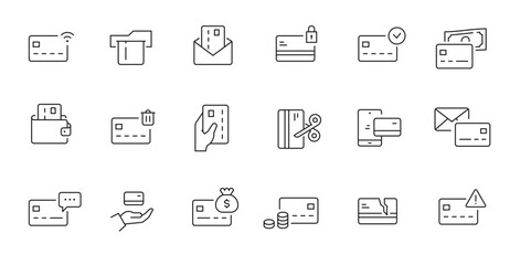 Credit card payment line icon set. Credit card money transaction, online wallet pay, shopping business pictogram. Outline editable stroke icon set. Vector illustration.