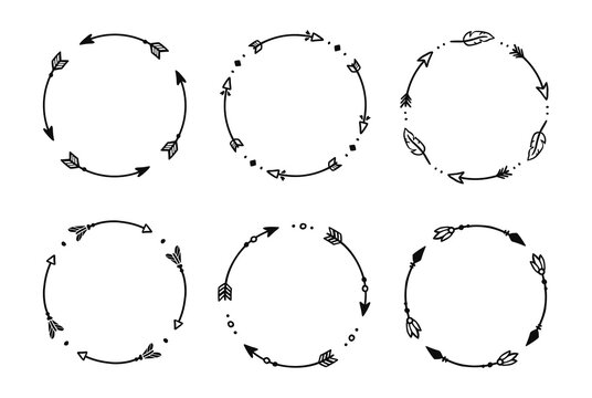 Boho arrow circle frame set. Hand drawn doodle african, aztec rustic ethnic arrow border, ornament circle frame. Tribal boho decor design. Vector illustration.