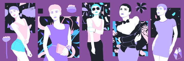 Fashion digital illustration set. Stylish party Girl on trendy creative background