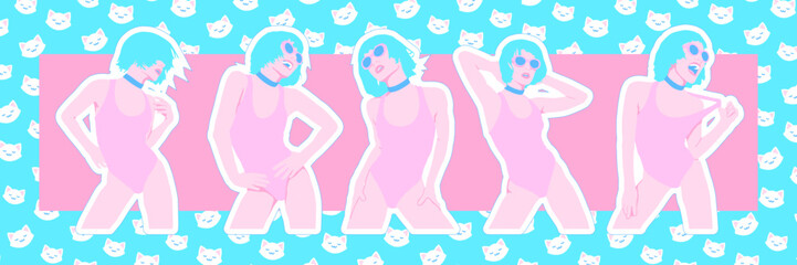 Fashion digital illustration set. Stylish party Girl on trendy creative background