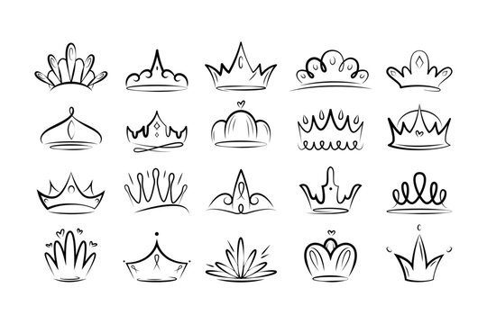 Set of different linear crowns. Simple icon with tiaras for king, queen and royal families. Luxury diadem for prince and princess or sultan. Cartoon flat vector collection isolated on white background