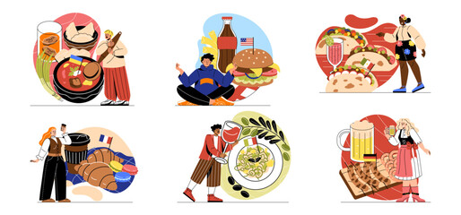 Set of national cuisines of countries. Ukrainian borscht, American burger, Mexican tacos, French croissants, Italian pasta and German sausages. Restaurant or cafe menu. Cartoon flat vector collection