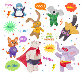 Set of superhero animals. Stickers with wild animals or pets in heroic capes and masks. Fox and bear, koala and cat, elephant and hare, penguin. Cartoon flat vector collection isolated on white
