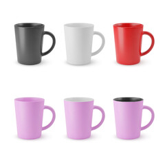 Illustration of Six Realistic Empty Ceramic Tea Mug. Mockup with Shadow Effect, and Copy Space for Your Design. For Web Design, and Printing on a White