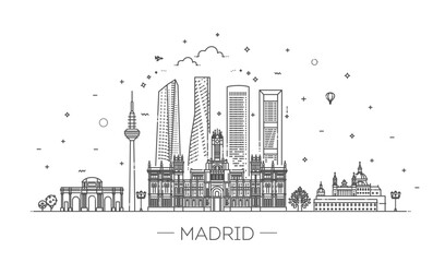 Banner of Madrid city skyline in flat line trendy style. Madrid city line art - 539757021