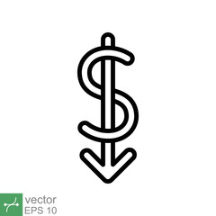 Cost reduction icon. Simple outline style. Dollar low, down, money with arrow, finance, investment, business concept design. Thin line vector illustration isolated on white background. EPS 10.