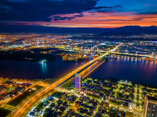 Fototapeta premium Aerial view of Han river which is a very famous destination of Da Nang city.