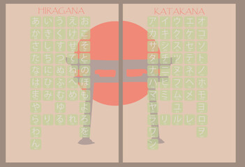 Set Hiragana and Katakana Japanese basic characters handwritten table. 
