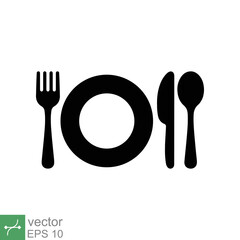 Plate, fork, knife, and spoon icon. Simple flat style. Meal, eat, lunch, dinner, dish, food, tableware, utensil  concept design. Vector illustration isolated on white background. EPS 10.