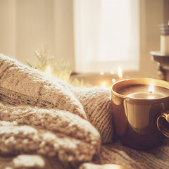 Cozy winter or autumn morning at home. Swedish hygge includes hot coffee with a gold metallic spoon