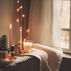 Cozy winter or autumn morning at home. Swedish hygge includes hot coffee with a gold metallic spoon