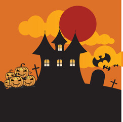 Halloween orange background with houses and bats, pumpkins, blood moon.