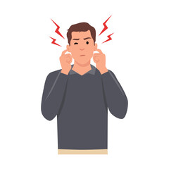 Young man covering ears and silence concept. Young sad irritated man cartoon character standing covering his ears with fingers. Flat vector illustration isolated on white background
