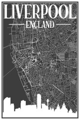 Obraz premium Black vintage hand-drawn printout streets network map of the downtown LIVERPOOL, ENGLAND with brown 3D city skyline and lettering