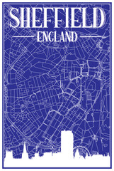 Blue vintage hand-drawn printout streets network map of the downtown SHEFFIELD, ENGLAND with brown 3D city skyline and lettering