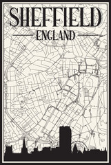 Obraz premium White vintage hand-drawn printout streets network map of the downtown SHEFFIELD, ENGLAND with brown 3D city skyline and lettering