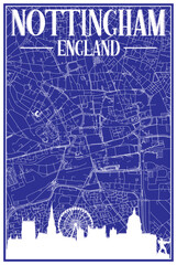 Blue vintage hand-drawn printout streets network map of the downtown NOTTINGHAM, ENGLAND with brown 3D city skyline and lettering