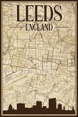 Brown vintage hand-drawn printout streets network map of the downtown LEEDS, ENGLAND with brown 3D city skyline and lettering