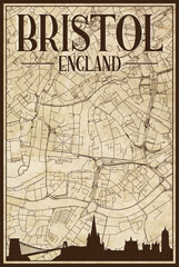 Brown vintage hand-drawn printout streets network map of the downtown BRISTOL, ENGLAND with brown 3D city skyline and lettering