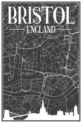 Black vintage hand-drawn printout streets network map of the downtown BRISTOL, ENGLAND with brown 3D city skyline and lettering
