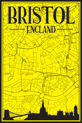 Yellow vintage hand-drawn printout streets network map of the downtown BRISTOL, ENGLAND with brown 3D city skyline and lettering