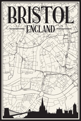 White vintage hand-drawn printout streets network map of the downtown BRISTOL, ENGLAND with brown 3D city skyline and lettering