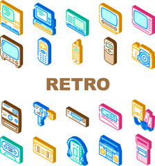 retro gadget vintage techology icons set vector. communication art, phone old, computer creative, fashion contemporary, device trend retro gadget vintage techology isometric sign illustrations