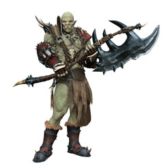 Orc warrior in battle armour holding a giant axe.  Fantasy creature 3d illustration isolated.