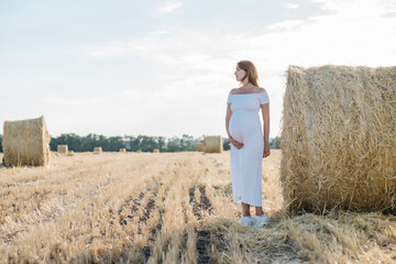 Naklejka na ściany i meble beautiful pregnant brunette in a white dress near the haystacks in the field at sunset. High quality photo