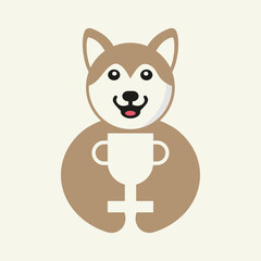 Winner Husky Logo Negative Space Concept Vector Template. Husky Holding Trophy Symbol