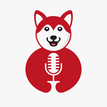 Husky Podcast Logo Negative Space Concept Vector Template. Husky Holding Microphone Symbol
