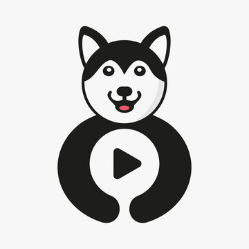 Husky Play Logo Negative Space Concept Vector Template. Husky Holding Play Symbol